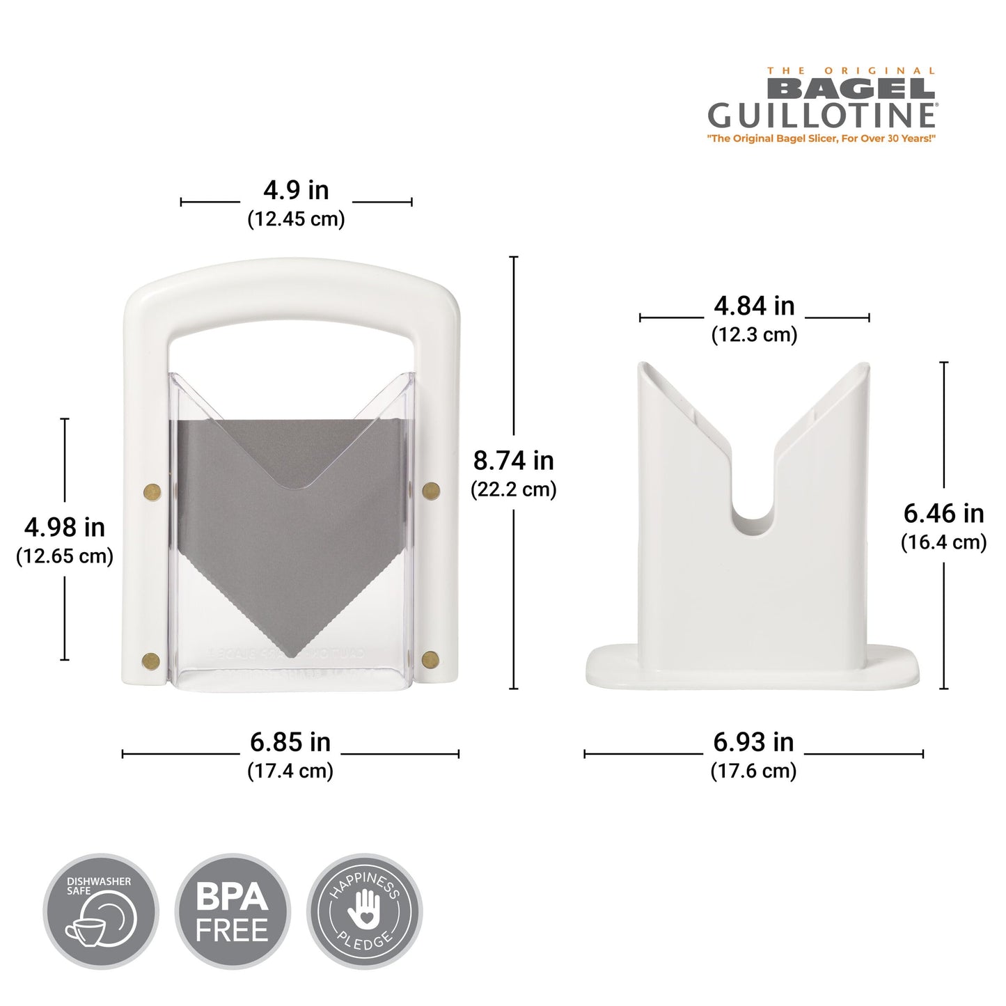 Hoan Bagel Biter Slicer and Cutter with Safety Shield - Serrated Blade Cuts Bagels, Muffins, Buns and Rolls - Dishwasher Safe Bagel Guillotine, 9.25 Inches Tall, White