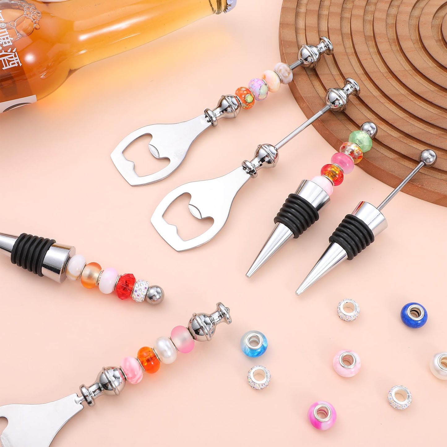 AOZUO 20 Pcs Beadable Wine Stoppers Beadable Beer Opener Set, Bottle Opener Decorative Beaded Wine Bottle Stopper Reusable Alloy Saver for DIY Crafts Bar Party Favor Gifts