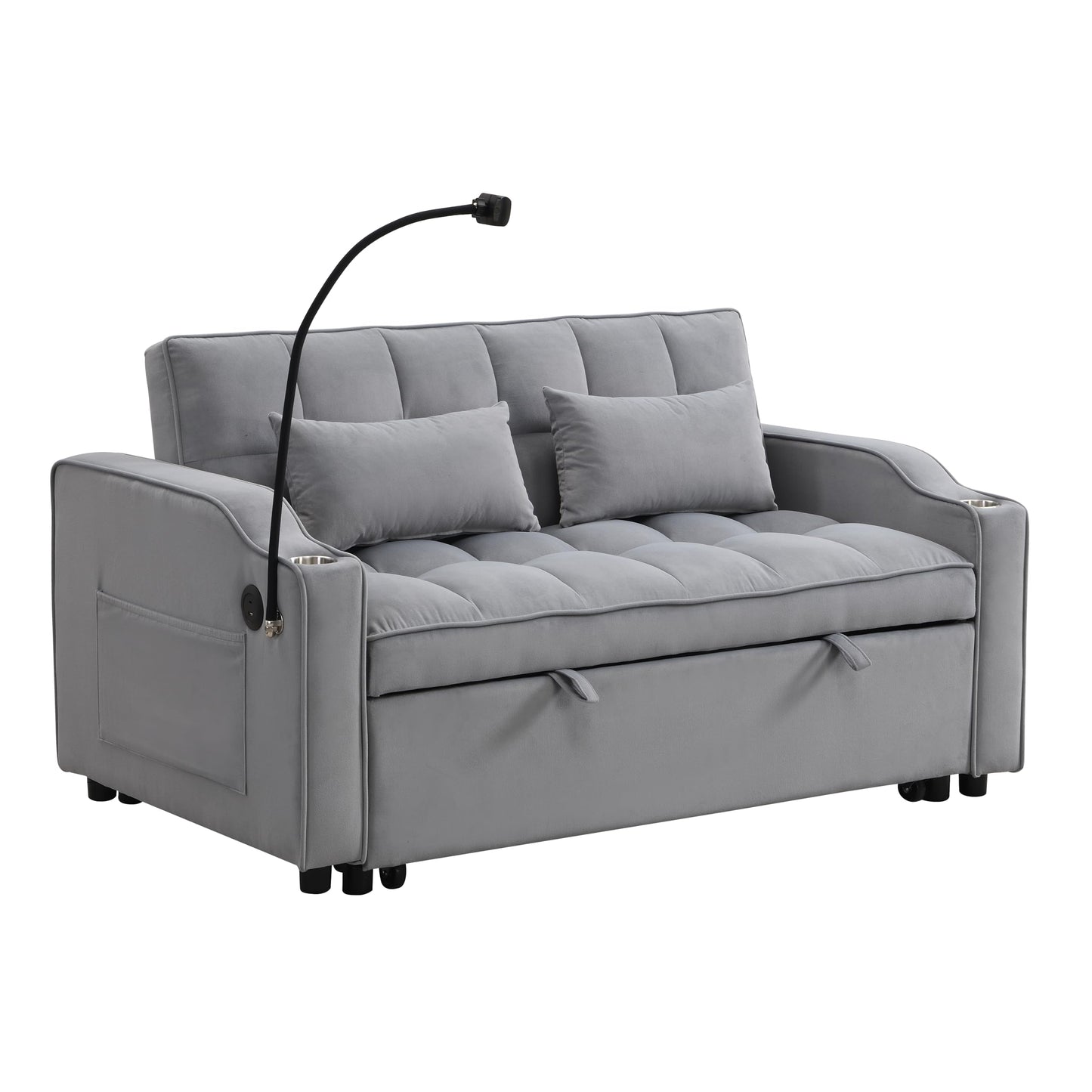 KEIKI 3 in 1 Convertible Sleeper Sofa Bed, Velvet Loveseat Futon Couch with Pullout Bed & Adjustable Backrest, USB Ports & Phone Holder, Small Lounge Sofa for Living Room Apartment, Light Grey
