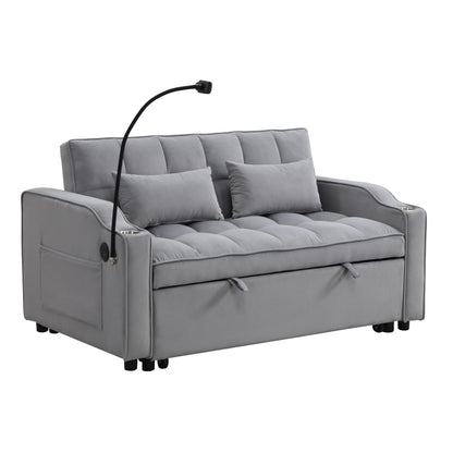 KEIKI 3 in 1 Convertible Sleeper Sofa Bed, Velvet Loveseat Futon Couch with Pullout Bed & Adjustable Backrest, USB Ports & Phone Holder, Small Lounge Sofa for Living Room Apartment, Light Grey