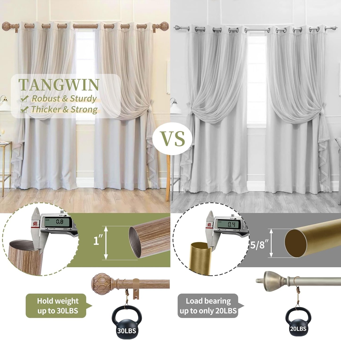 Wood Curtain Rods for Windows, 28 to 48 Inch Adjustable Heavy Duty Drapery Rods