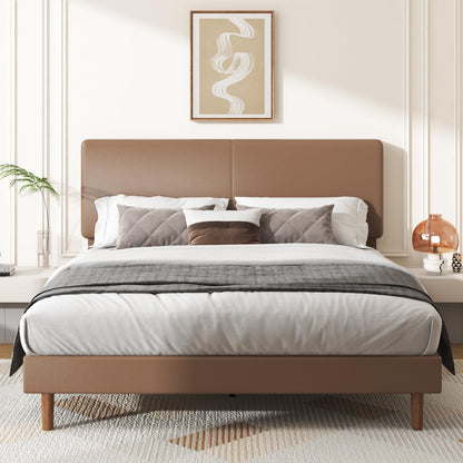Mxhtcewz King Bed Frame with Adjustable Headboard, Faux Leather Upholstered Platform Bed Frame, No Box Spring Needed, Noise-Free, Easy Assembly, Brown