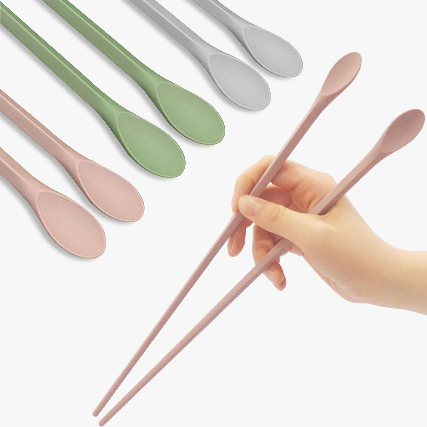 RECOHOME Reusable Long Silicone Cooking Chopsticks with Spoon - 12 Inches 3 Color Set, Eco-Friendly, Heat-Resistant, Non-Scratch, Korean, Japanese Asian Kitchen cookware. (Pink, Green, Grey, 3 Pair)