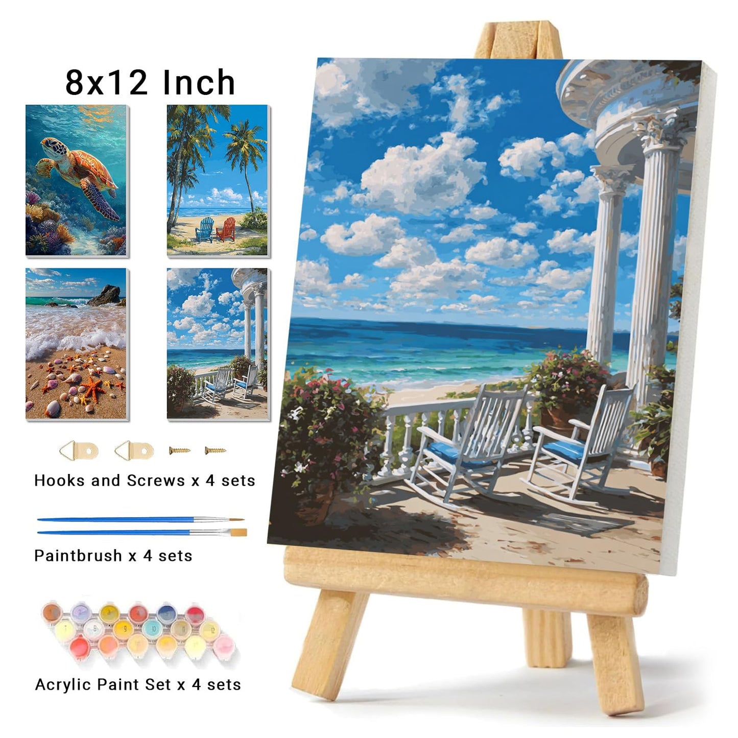 4 Pack Beach Framed Paint By Numbers Kit for Adults Beginner Sea Turtle Adult Paint By Number Kits on Canvas Painting By Numbers for Adults with Frame Diy Painting Kits for Home Wall Art 8x12 Inch