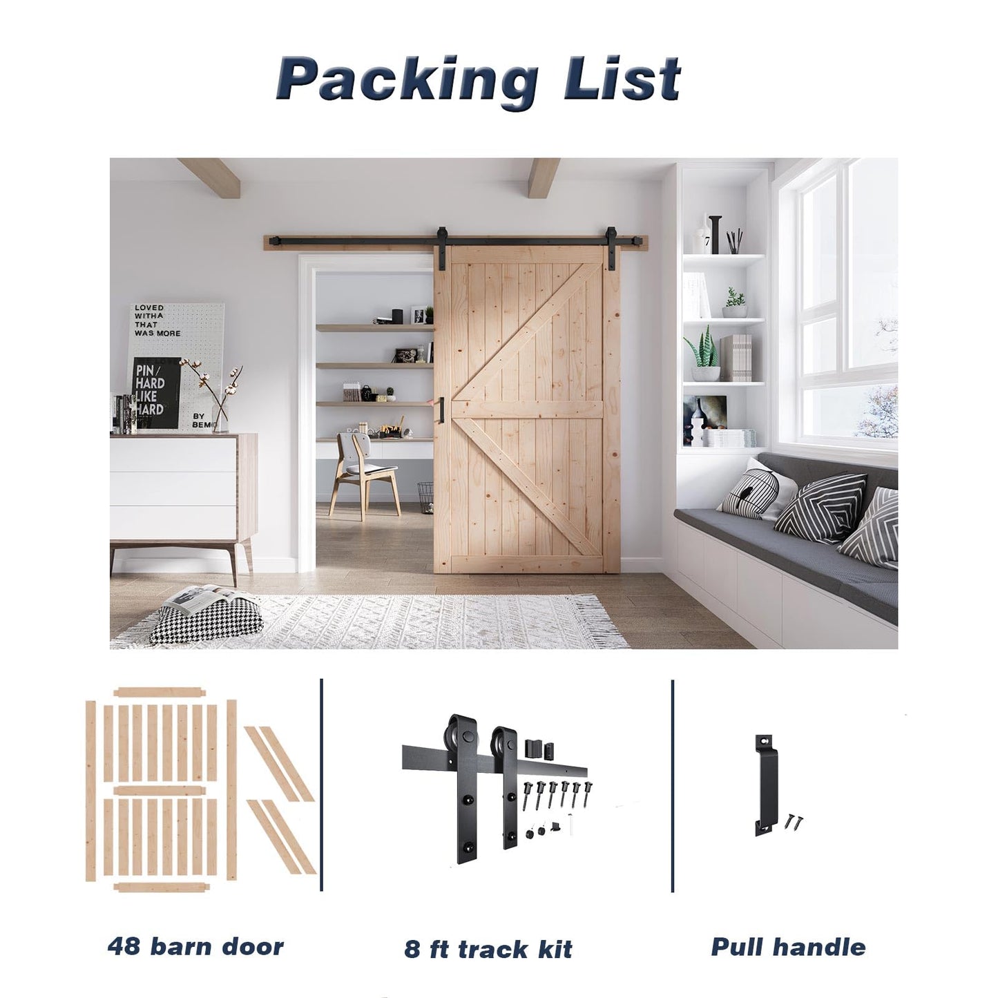 FREDBECK 48in x 80in Sliding Wood Barn Door with 8FT Barn Door Hardware Kit Included K Shape Solid Spruce Panel Sliding Door Double Surfaces Need to Assembly