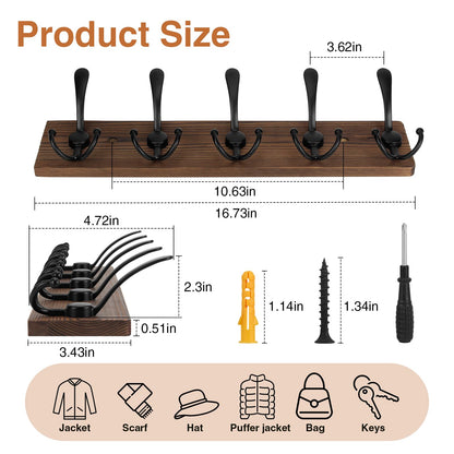 Wooden Coat Rack Wall Mount Heavy Duty, 2 Pack Coat Hanger Wall Mount with 5 Triple Hooks for Clothes, Jacket, Hat, Keys, Space Saving Entryway Organizer for Mudroom (‎Brown Plate & Black Hooks)