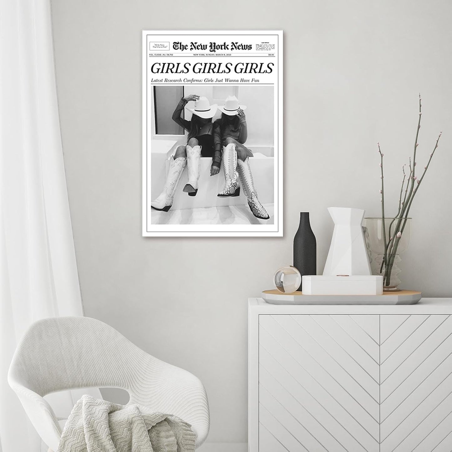 FBKDVC 24x36in Trendy Coastal Cowgirl Newspaper Wall Art Print Poster Black Canvas Wall Art Prints Girls Just Wanna