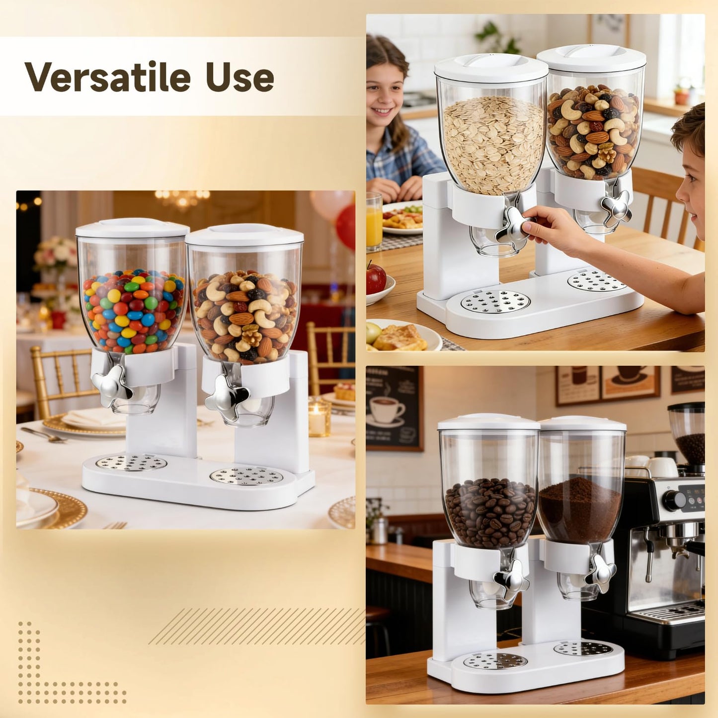 Skdqiee 2-Container Cereal Dispenser, 4L Dry Food Storage, White Triple Snack Dispenser, Rotating Dry Food Containers Storage for Candy, Nut, Coffee Beans, 10.6 x 6.3 x 13.8 in