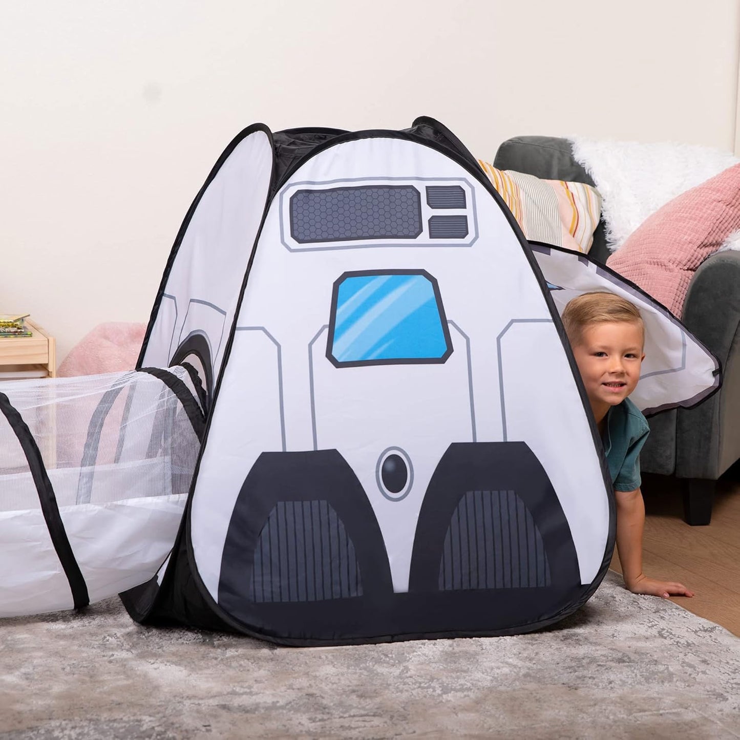 JOYIN White Rocket Ship Pop up Play Tent with Tunnel and Playhouse Kids Indoor Outdoor Spaceship Tent Set