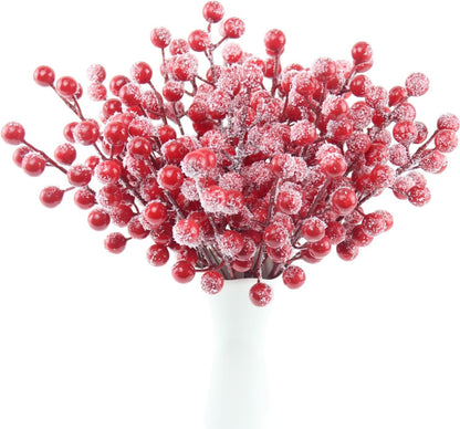Feitore 30 Pack 8.9" Snow Frosted Red Berry Stems Holly Frosted Berry Picks Snowy Artificial Red Berries for Christmas