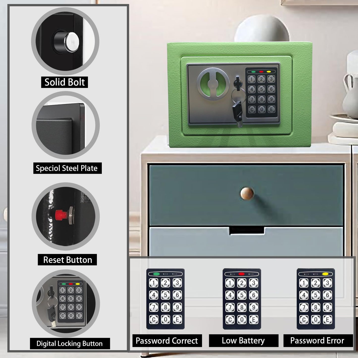 Yuanshikj Electronic Deluxe Digital Security Safe Box Key Keypad Lock Home Office Hotel Business Jewelry Gun Cash Use Storage money (LIGHT GREEN)