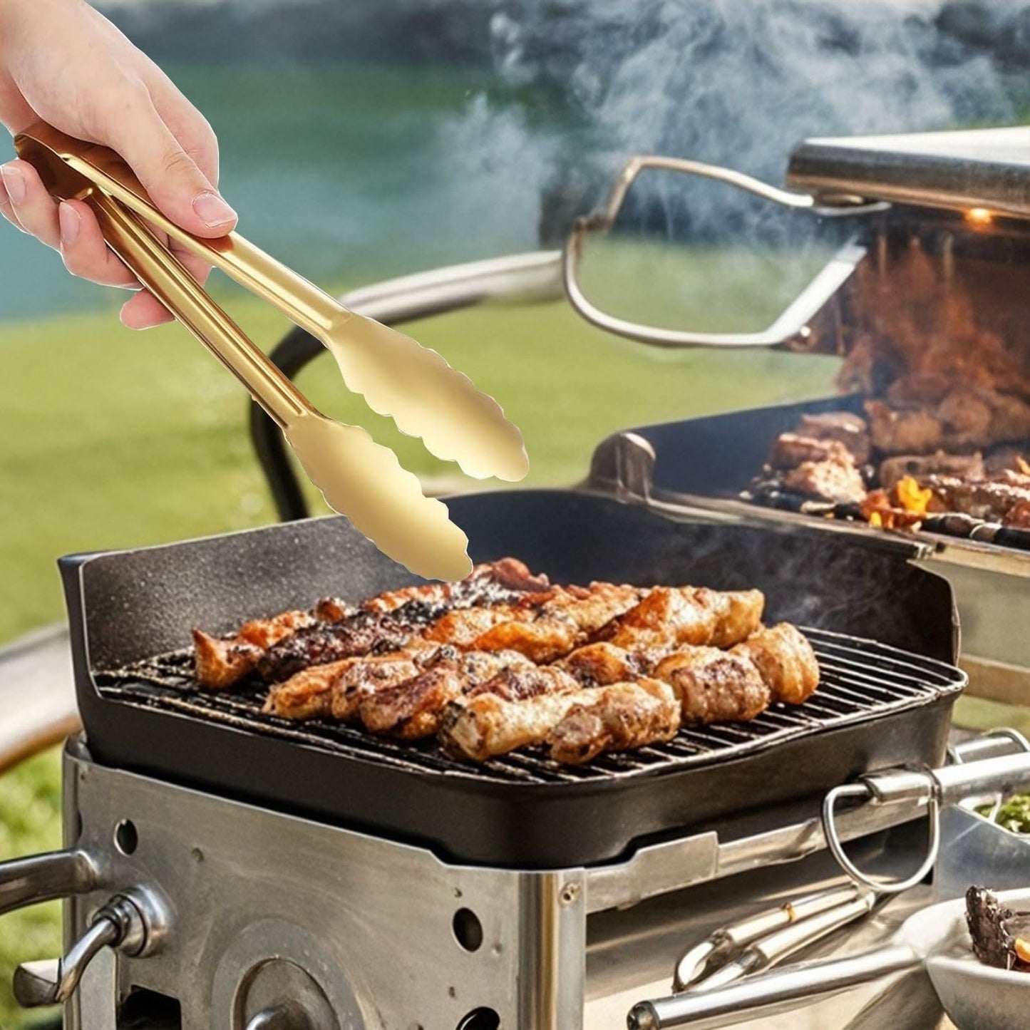 6pcs Stainless Steel Serving Tongs Gold or Silver Plated 9inch Heavy Duty Durable BBQ Clamps Design for Weddings Parties Banquets Buffets Family Gatherings Kitchen Cooking Serving Clip