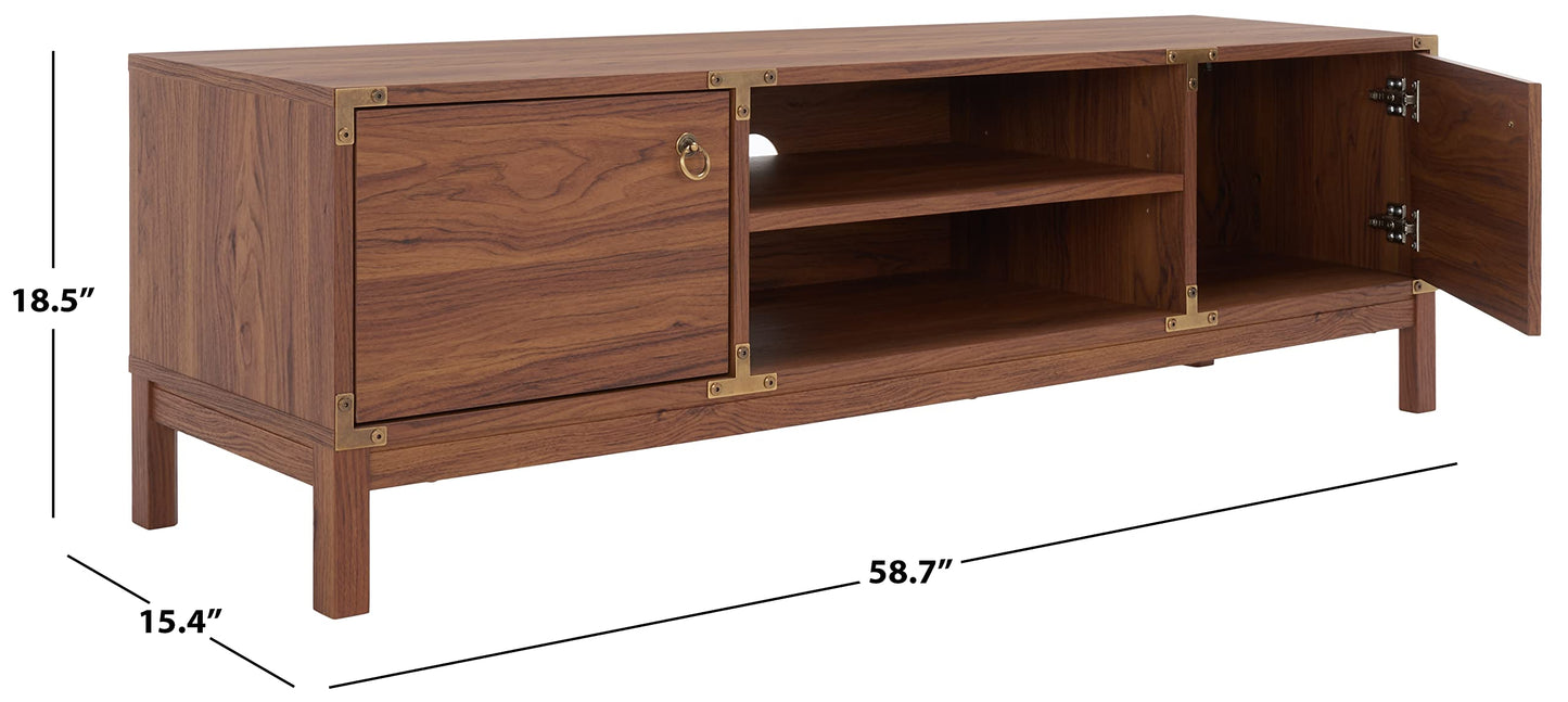 SAFAVIEH Galio TV Stand for up to 65" Flatscreen – Walnut & Gold, 2 Doors with Interior Storage, 2 Open Shelves, Entertainment Media Console (MED9612A)