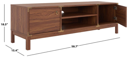 SAFAVIEH Galio TV Stand for up to 65" Flatscreen – Walnut & Gold, 2 Doors with Interior Storage, 2 Open Shelves, Entertainment Media Console (MED9612A)