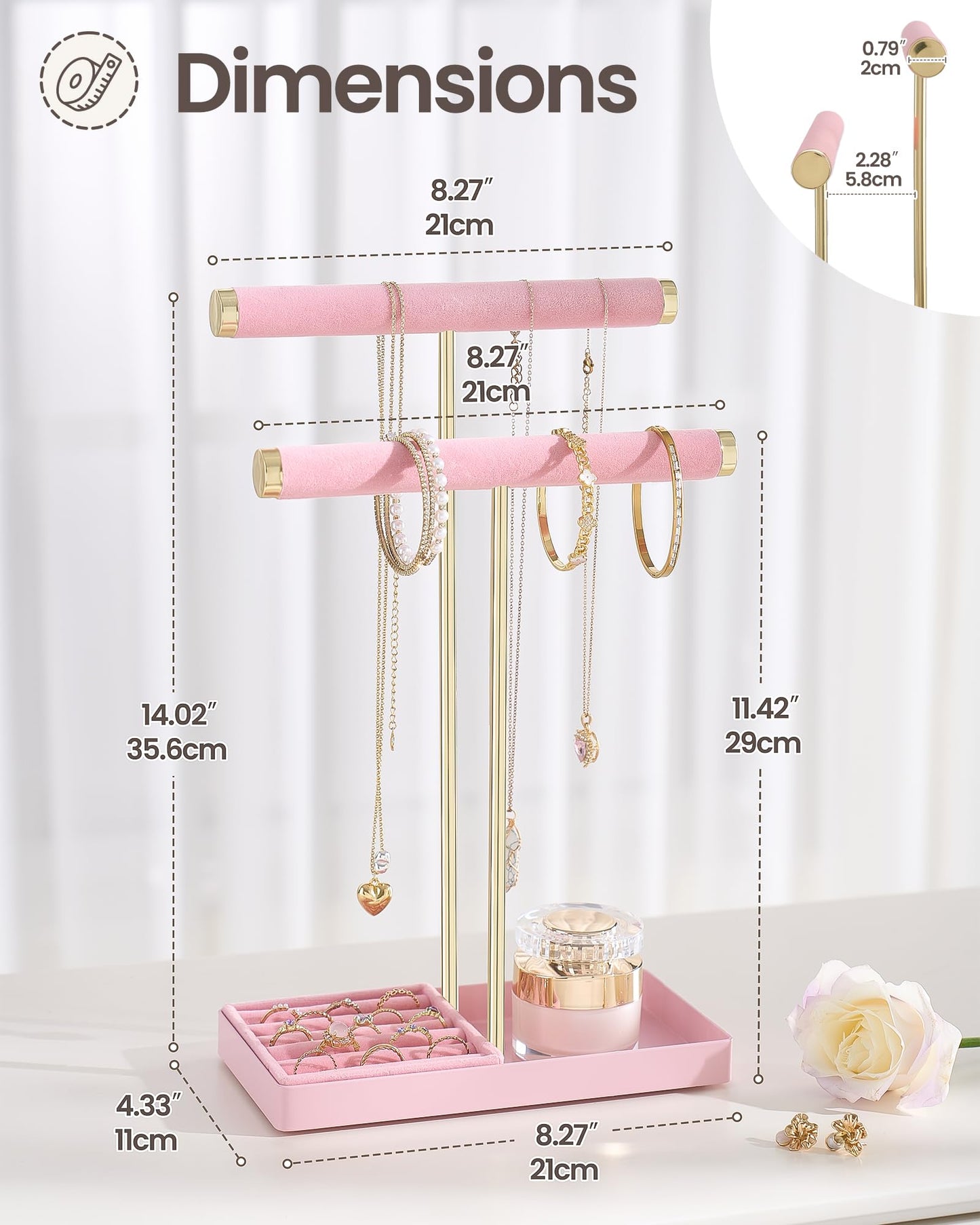 Lolalet 2-Tier Necklace Holder Display, Velvet Wrapped Jewelry Organizer with Removable Ring Tray, Tall Bracelet Stand for Bangles Watches Earrings, Gifts for Mom Girls Women Mother's Day -Pink