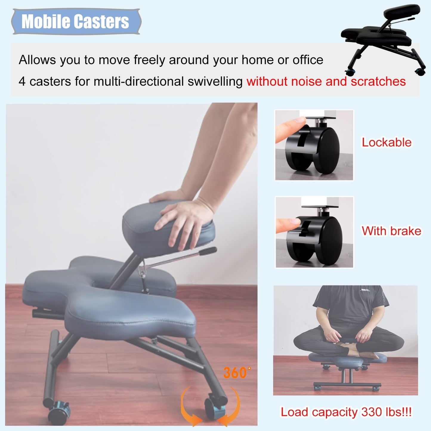 GenSDH Desk Kneeling Chairs Office Chair for Cross Legged Sitting with Wheels, Kneeling Chair to Improve Posture and Relieve Pain, Ergonomic Yoga Meditation,Black-One Size