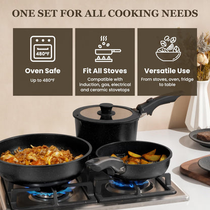 KIKCOIN 20 Pcs Pots and Pans Set Non Stick, Detachable Handle Cookware Sets Nonstick, Non Toxic Induction RV Kitchen Cooking Set with Removable Handles, Dishwasher/Oven Safe, Easy Clean (Black)