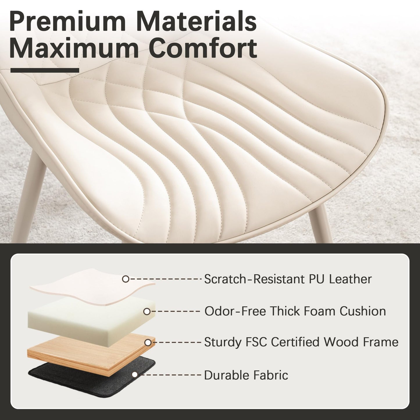 YOUTASTE Cream Dining Chairs Set of 2, Mid Century Modern Comfy Kitchen Chair, Upholstered Faux Leather, Cream Metal Legs, Armless Accent Chairs for Bedroom Vanity Lounge