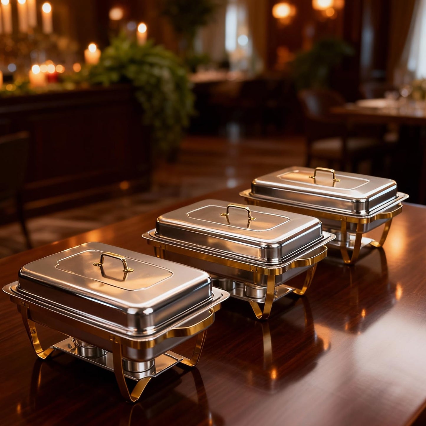 ZLMTZDJD 4 Pack 9 Qt Chafing Dishes Buffet Set - Gold Stainless Steel Food Warmers with 12 Serving Utensils (Tongs, Ladles, Spoons) for BBQ, Parties, Catering, Weddings, Events