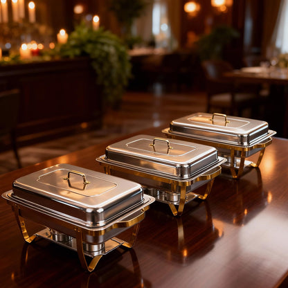 ZLMTZDJD 4 Pack 9 Qt Chafing Dishes Buffet Set - Gold Stainless Steel Food Warmers with 12 Serving Utensils (Tongs, Ladles, Spoons) for BBQ, Parties, Catering, Weddings, Events