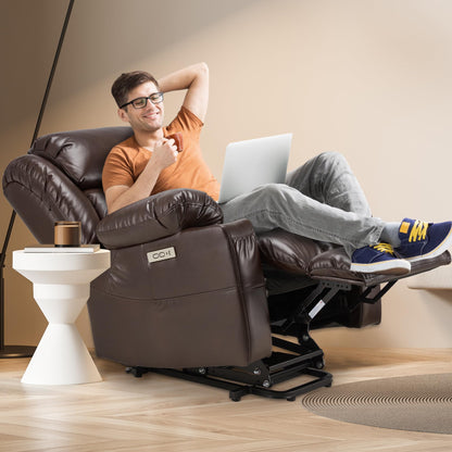 Outspurge Large Power Lift Recliner Leather Chair Sofa with Massage & Heat, Lazy Boy Chair with Cup Holders, USB & Type-C Ports, Remote Control (Brown)