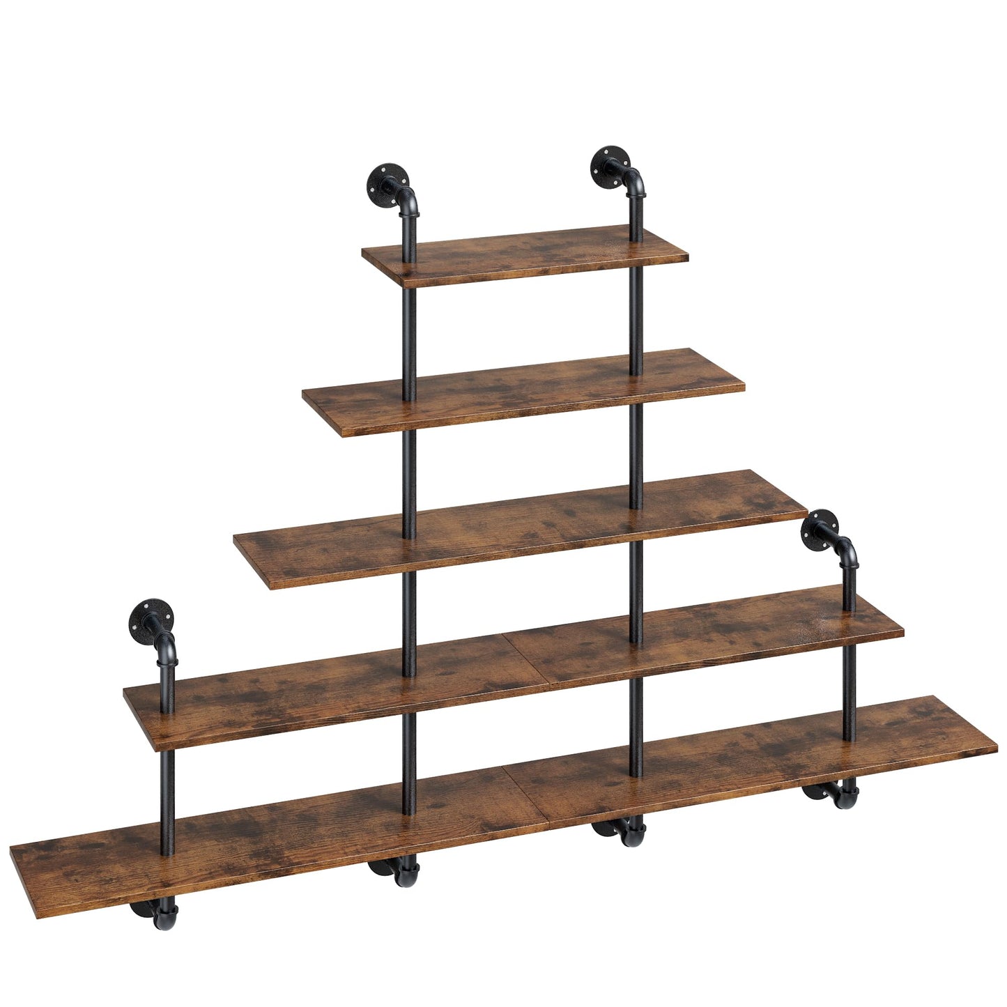 70" Industrial Pipe Shelving - 5 tier Rustic Solid Wood and Heavy Duty Metal Pipe Shelves for Wall,Kitchen Shelves Wall Mounted,Floating Bookshelf,Wall Shelves for Bathroom,Living Room,Coffee Bar