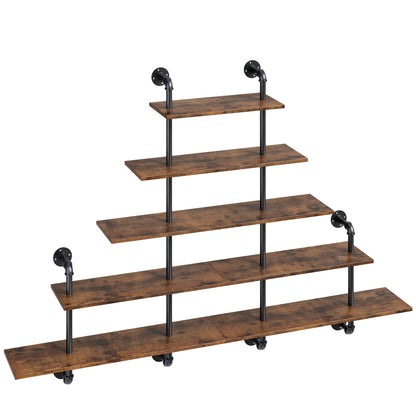 70" Industrial Pipe Shelving - 5 tier Rustic Solid Wood and Heavy Duty Metal Pipe Shelves for Wall,Kitchen Shelves Wall Mounted,Floating Bookshelf,Wall Shelves for Bathroom,Living Room,Coffee Bar