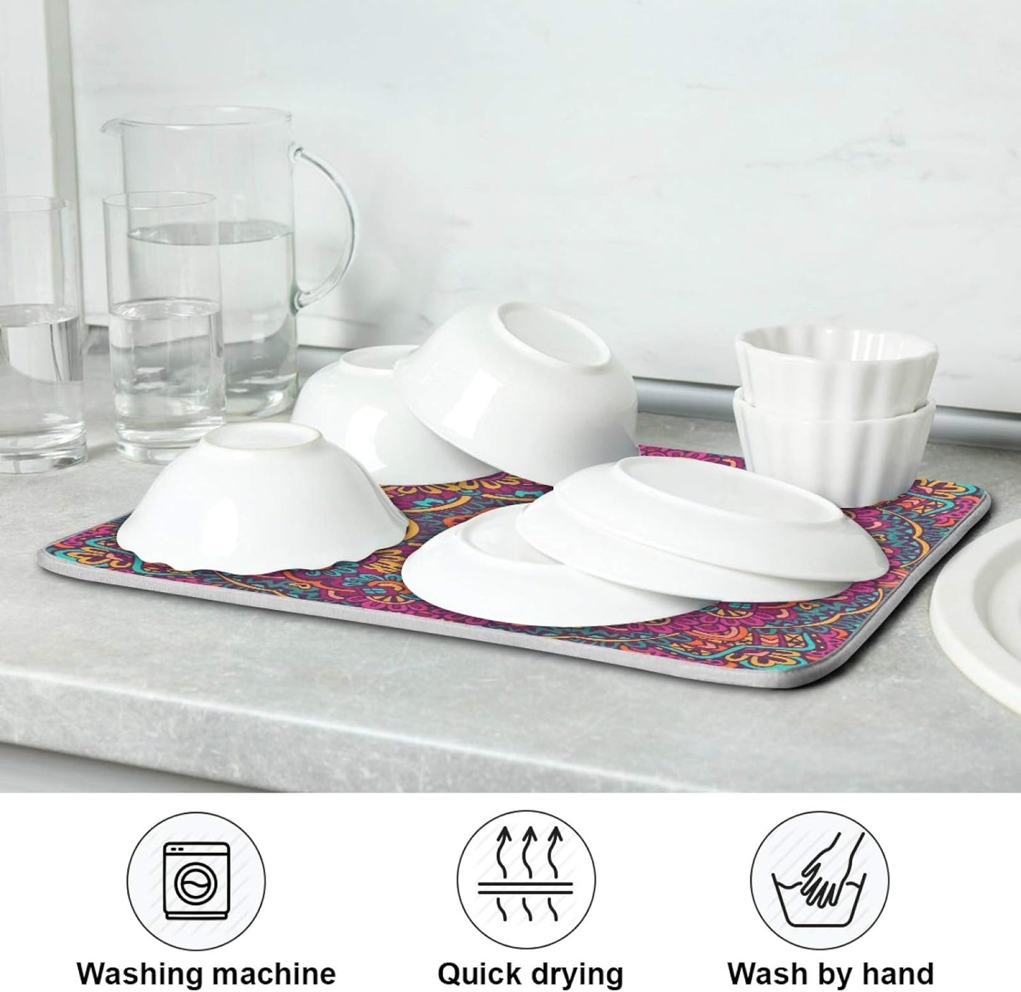 Boho Ethnic Dish Drying Mat - Bohemian Mandala Paisley Kitchen Countertop Mat, 16 x 18 Inch Absorbent