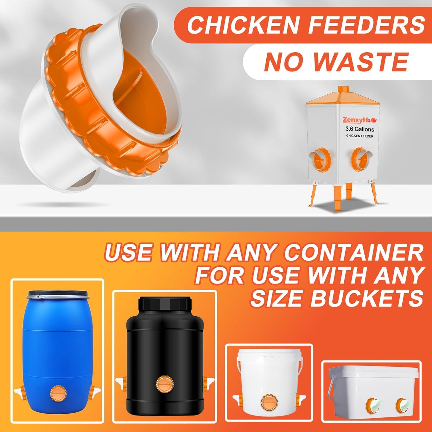 6 ZenxyHoC DIY Chicken Feeders No Waste, Ports Poultry Feeder with Hole Saw for Buckets Troughs Orange
