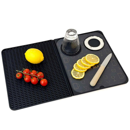 Bar Mat, Bar Accessories, Multifunctional Folding Cocktail Mat with Cutting Board, 18" X 12"(Black) Drying Mats,Bar Mat for Countertop,Bar Decorations for Home, Outdoor Bar Accessories,Travel