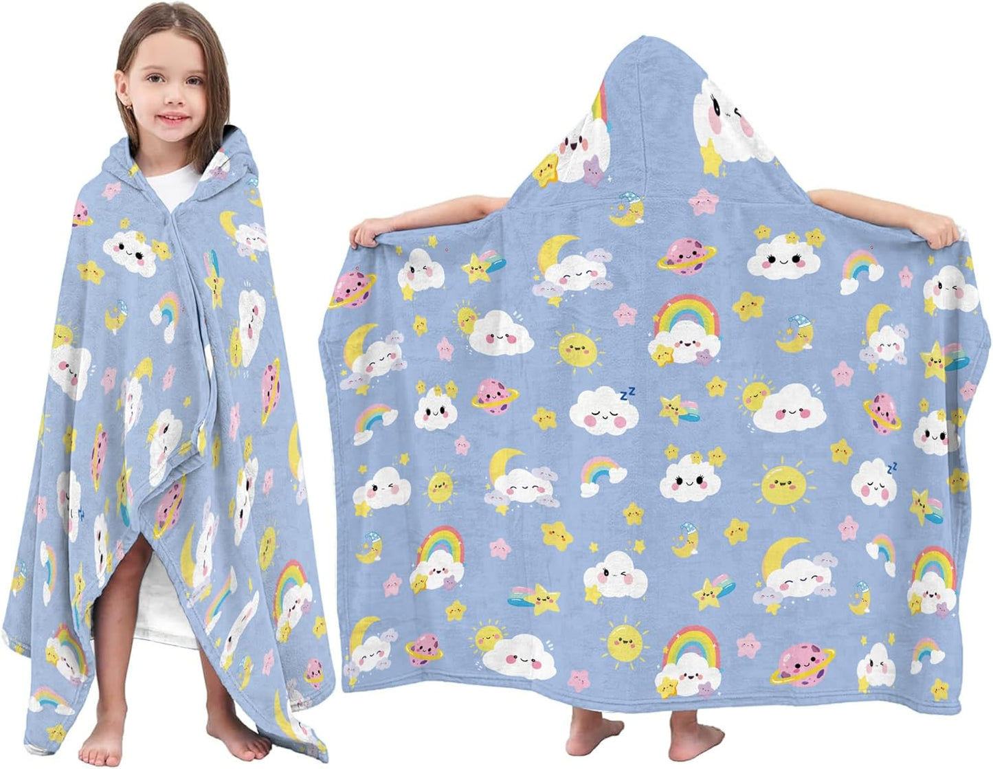 JOPJOLIW 30" 50", Cozy Clouds Hooded Beach Towel for Kids, Blue Sky Hooded Towels for Toddlers X Moon Clouds Stars Warm