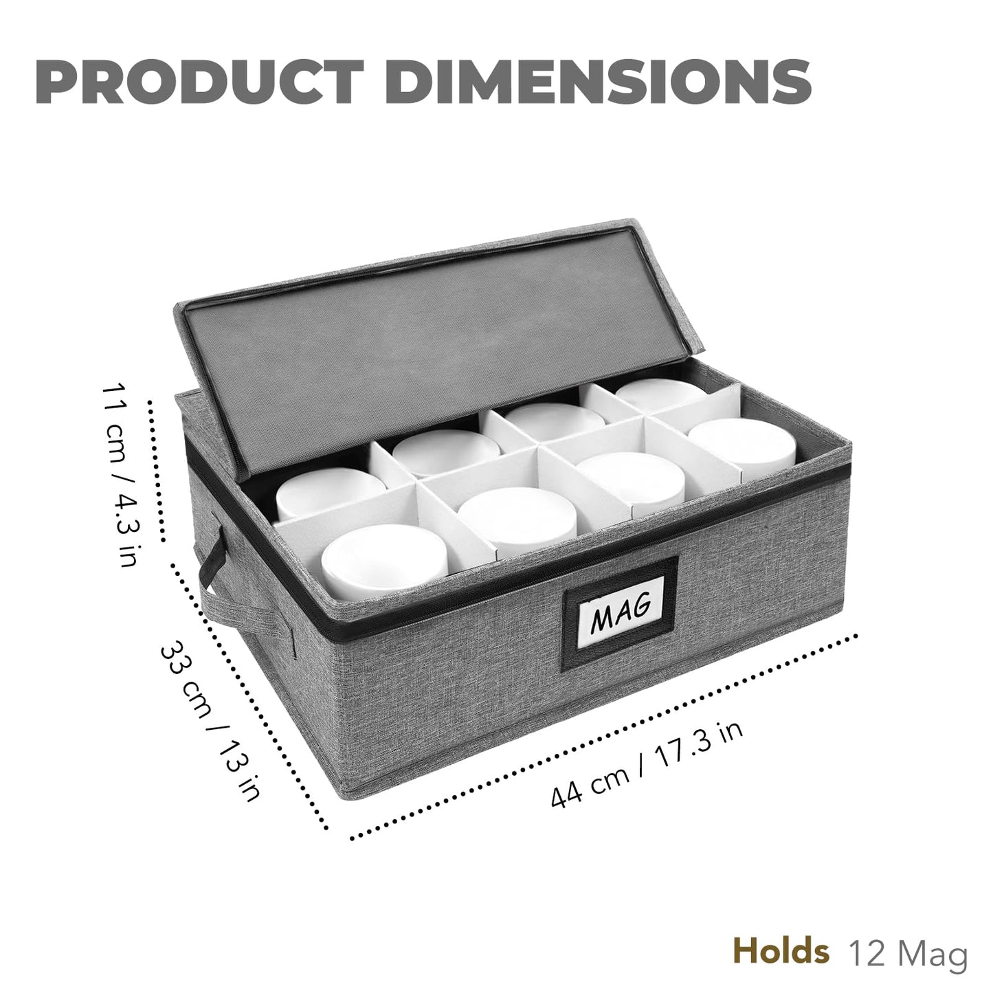 HURZMORO Mug Storage Box with 12 Compartments, Gray Hard Shell Container, Padded Dividers, Dual Handles, Zipper Lid for Coffee Cup Organization and Moving (1, Coffee Cup Storage Box)