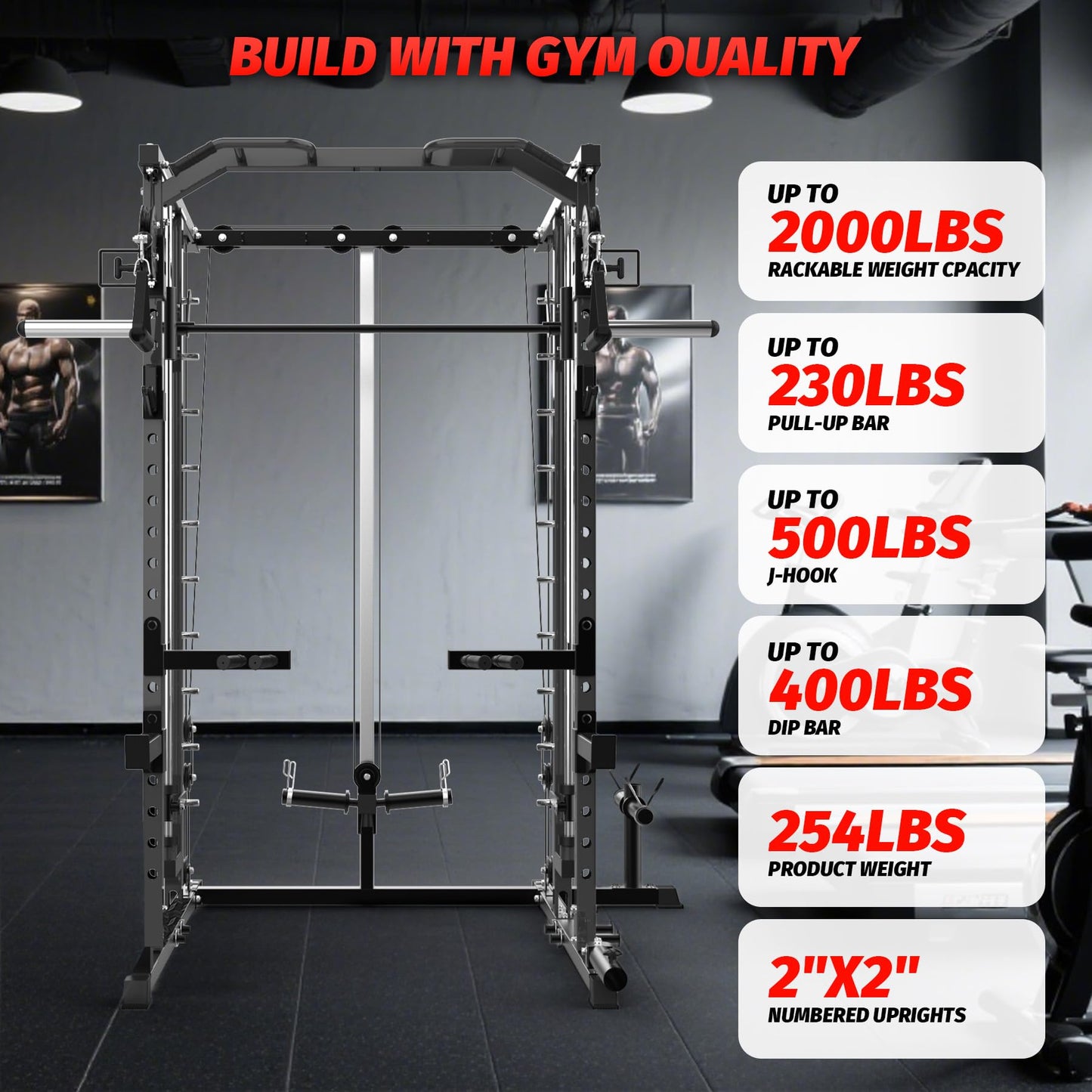 Garvee Power Cage, Smith Machine Squat Rack, Heavy Duty Power Rack for Home Gym with Pulley System, Dip Bar, LAT Pulldown, Multifunctional Squat Rack for Home Gym