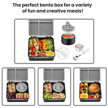 Bento Lunch Box with 8oz Soup Thermo,Kids Leakproof 4 Compartment Lunch Food Containers with Sauce Cup and Ice Pack,Kids Thermo Insulated Hot Food Jar and Lunch Bag for School,Trvael-Black