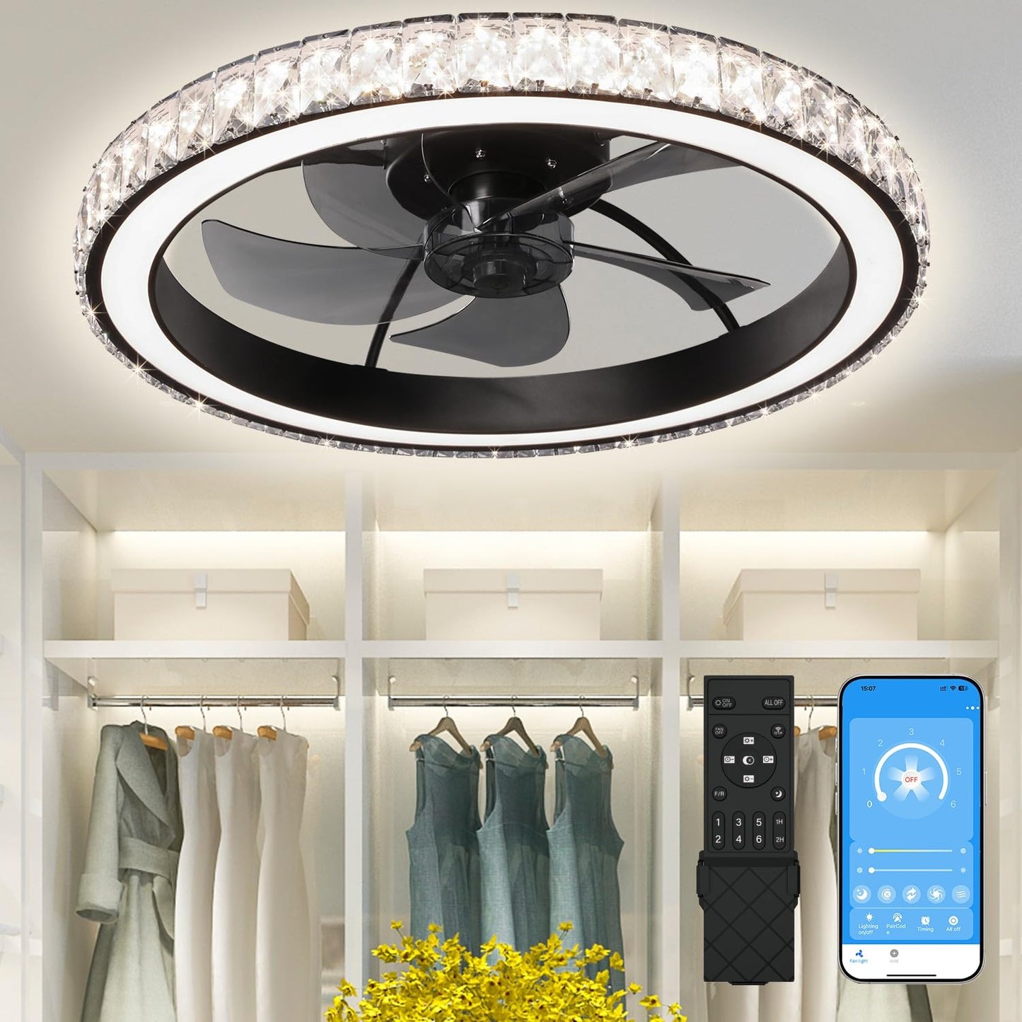 Aipsun Low Profile Modern Crystal Chandelier Ceiling Fans with Lights and Remote, 3000K-6500K Smart Bladeless LED Fan Light, 22" Black Modern Ceiling Fans with Lights for Bedroom