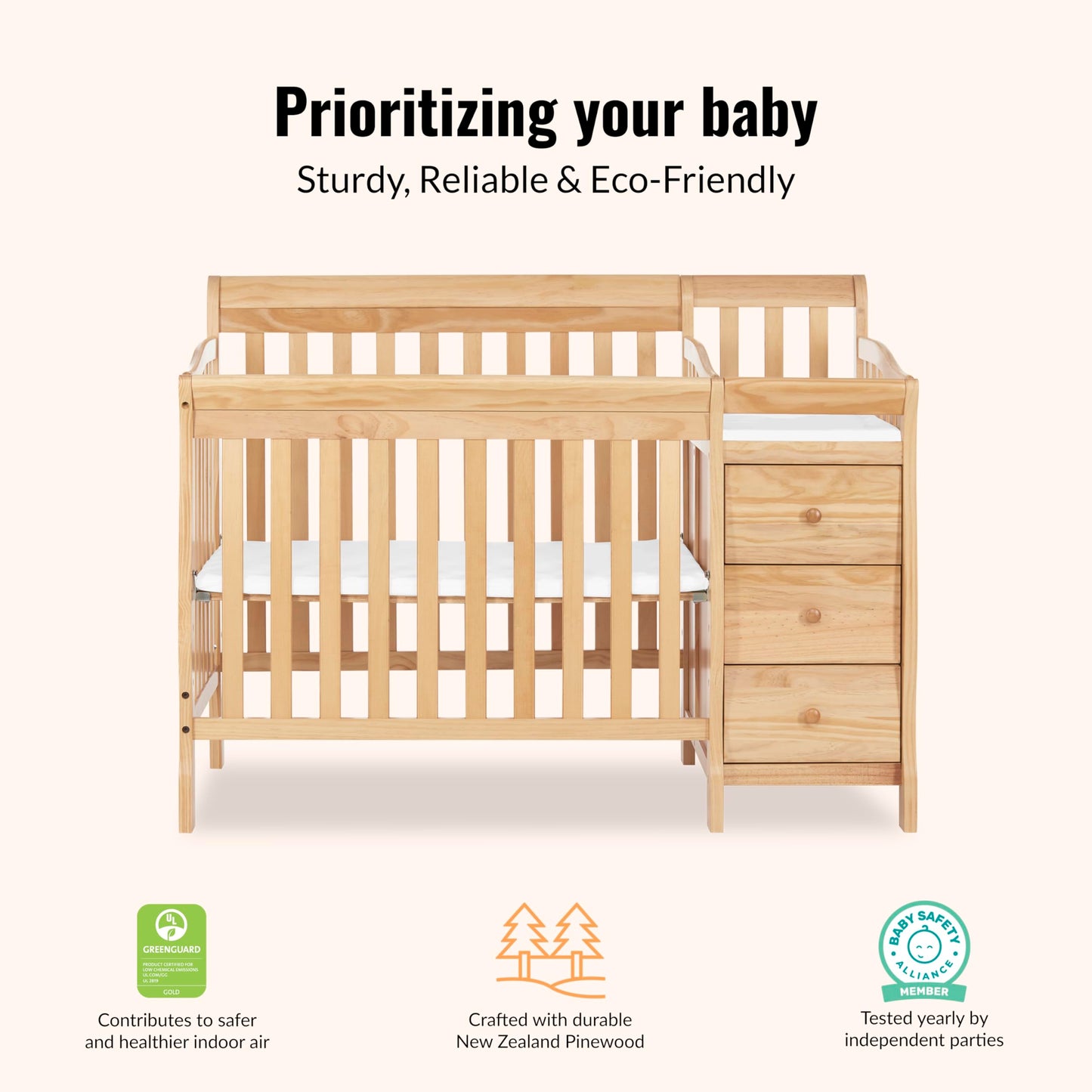 Dream On Me Jayden 4‑in‑1 Mini Convertible Baby Crib & Changer with Storage in Natural, Pinewood, GreenGuard Gold & BSA, 1” Mattress Pad, 3 Mattress Heights, Converts to Mini Day & Twin-Size Bed