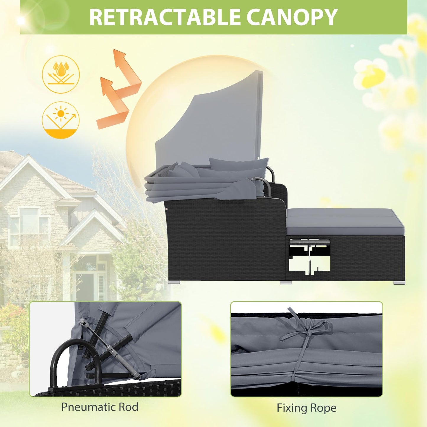 DREAMADE Outdoor Daybed with Canopy, 2 Person Rattan Sunbed with Cushions, 4 Pillows & 2 Foldable Side Trays, Patio Daybed for Backyard, Garden, Poolside, Balcony (Grey)