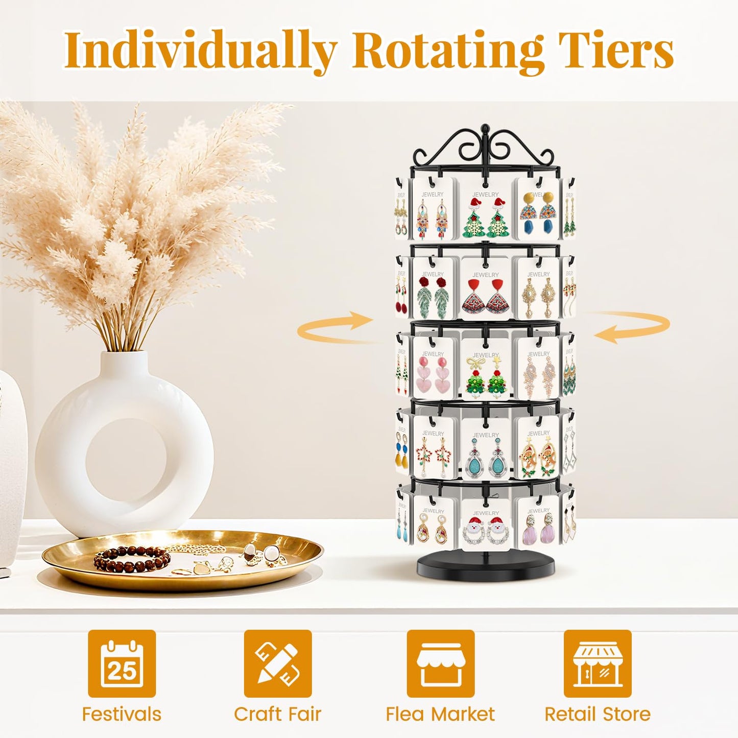 EsLuker.ly Earring Holder Organizer Rotating Display Tree Stand, Adjustable Height Earring Card Hanger Rack with 50 Hooks for Vendors Market Selling, 5 Tier Metal Jewelry Storage Tower, Black
