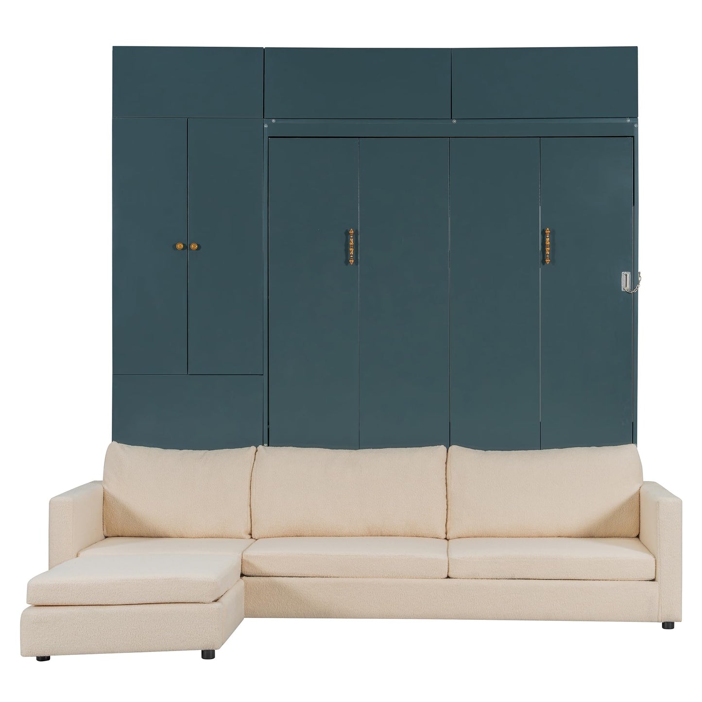 DNYN Queen Size Murphy Bed with Cabinet and Sofa Design for Bedroom/Guest Room, Space-Saving Foldable Wall Bed Frame with Multi-Layer Shelves, No Box Spring Needed