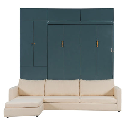 DNYN Queen Size Murphy Bed with Cabinet and Sofa Design for Bedroom/Guest Room, Space-Saving Foldable Wall Bed Frame with Multi-Layer Shelves, No Box Spring Needed
