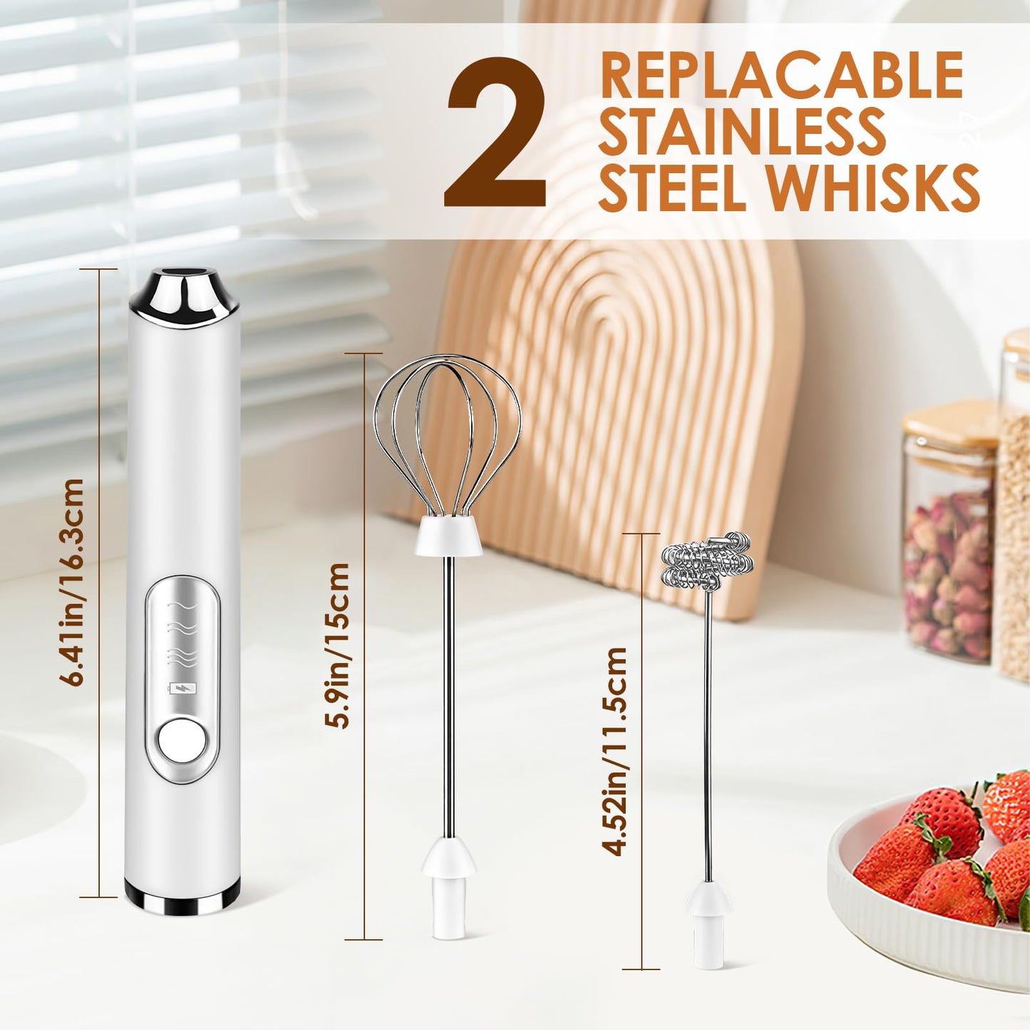 Handheld Milk Frother, rechargeable milk frother with 2 Stainless Steel Whisks 3 Speeds Electric Drink Mixer, Coffee Mixer Wand for Latte, Cappuccino, Matcha, Hot Chocolate, Egg (White)