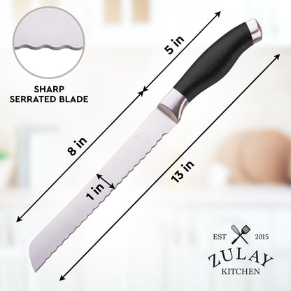 Zulay Kitchen Serrated Bread Knife - Ultra Sharp Stainless Steel Bread Knife for Homemade Bread, Cakes & Bagels - Razor Sharp Wavy Edge Bread Cutter & Slicer - 8-Inch Blade with 5-Inch Handle - Black