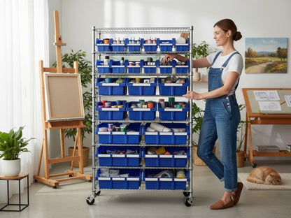 24-Bin Rolling Rack, Mobile Wire Shelving Unit with Blue Storage Bins, 8-Tier Chrome Cart, 36" W x 14.25" D x 63.5" H