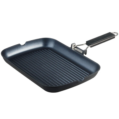 S·KITCHN Grill Pan with Folding Handle, Nonstick Grilling Pan for Stove Tops, Induction Compatible Rectangle KBBQ Pan with Pour Spouts - 13 × 9IN