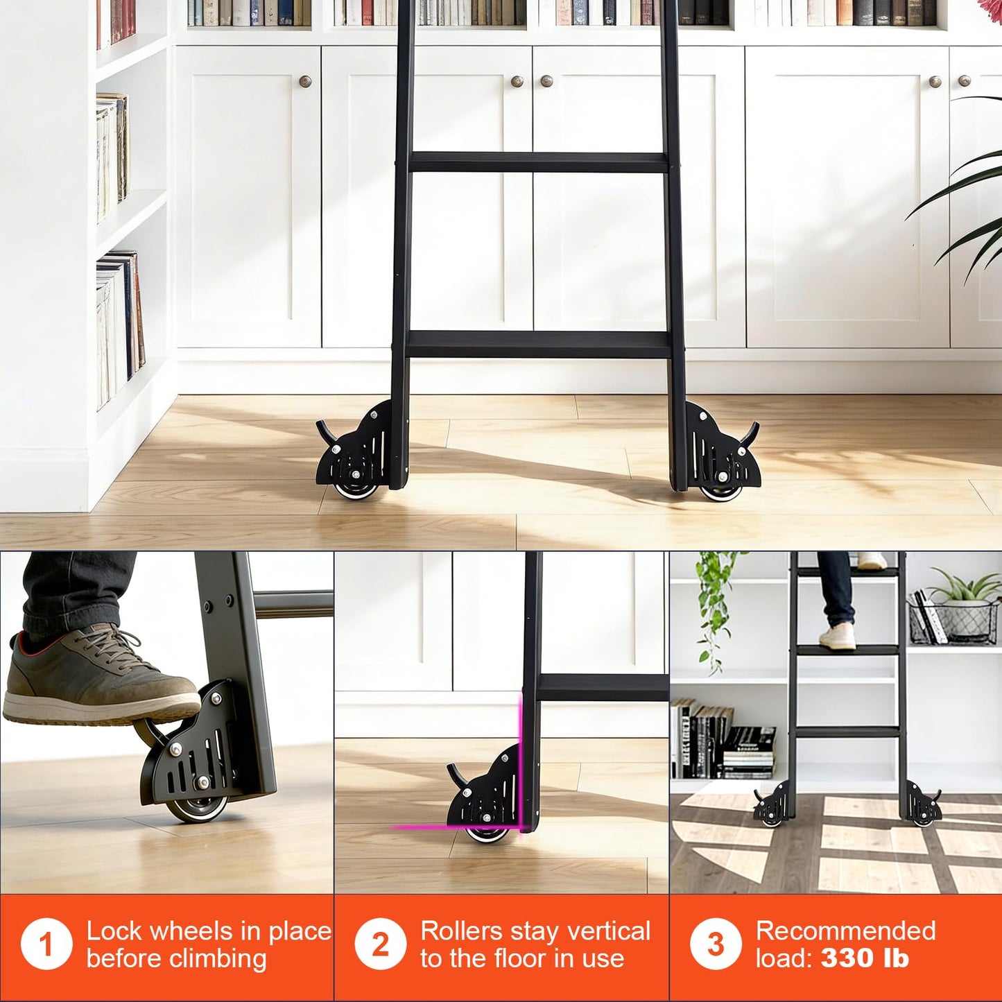 HARDJULAN 87" Black Sliding Library Ladder with 3.3FT Hook Track – Lightweight Aluminum Rolling Ladder with Braking Wheels, Space-Saving Rail Mounted Ladder System for Home Library, Closet & Storage
