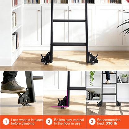 HARDJULAN 87" Black Sliding Library Ladder with 3.3FT Hook Track – Lightweight Aluminum Rolling Ladder with Braking Wheels, Space-Saving Rail Mounted Ladder System for Home Library, Closet & Storage