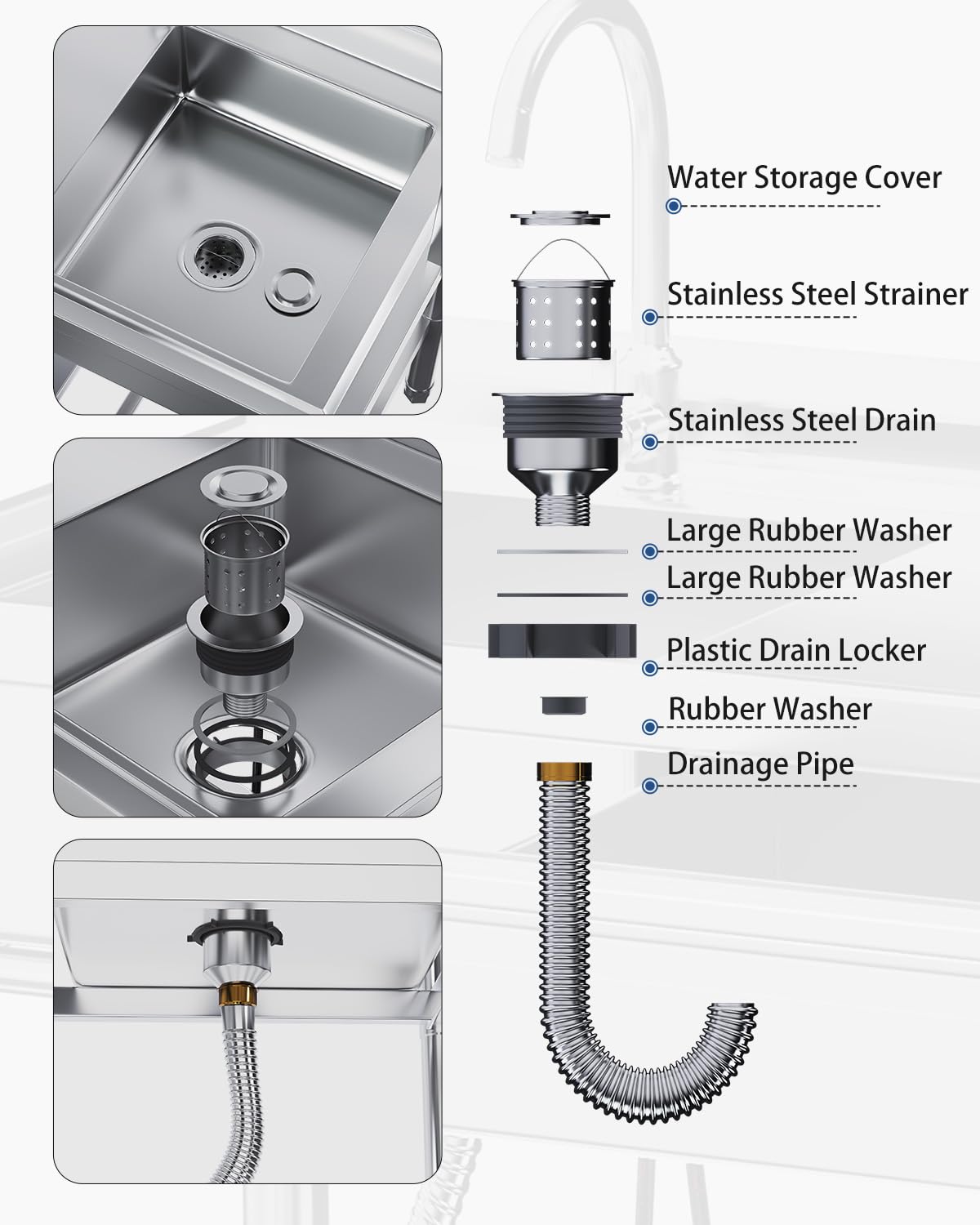 JFHID Stainless Steel Utility Sink, Free Standing Single Bowl Commercial Kitchen Sinks with Faucet, Drawer & Hot/Cold Water Pipes, Stainless Steel Prep Table Workbench Sink for Restaurant Laundry