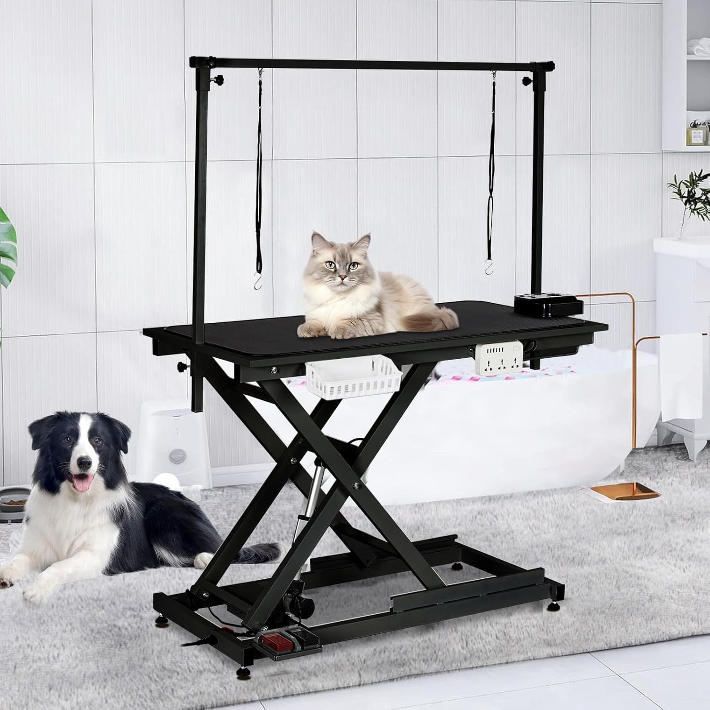 ExploreHorizon 50" Heavy Duty Dog Grooming Table with Aluminium Overhead Arm,Electric Hydraulic Grooming Table with 6 USB Ports for Large Dogs 300 LBS Foot Control