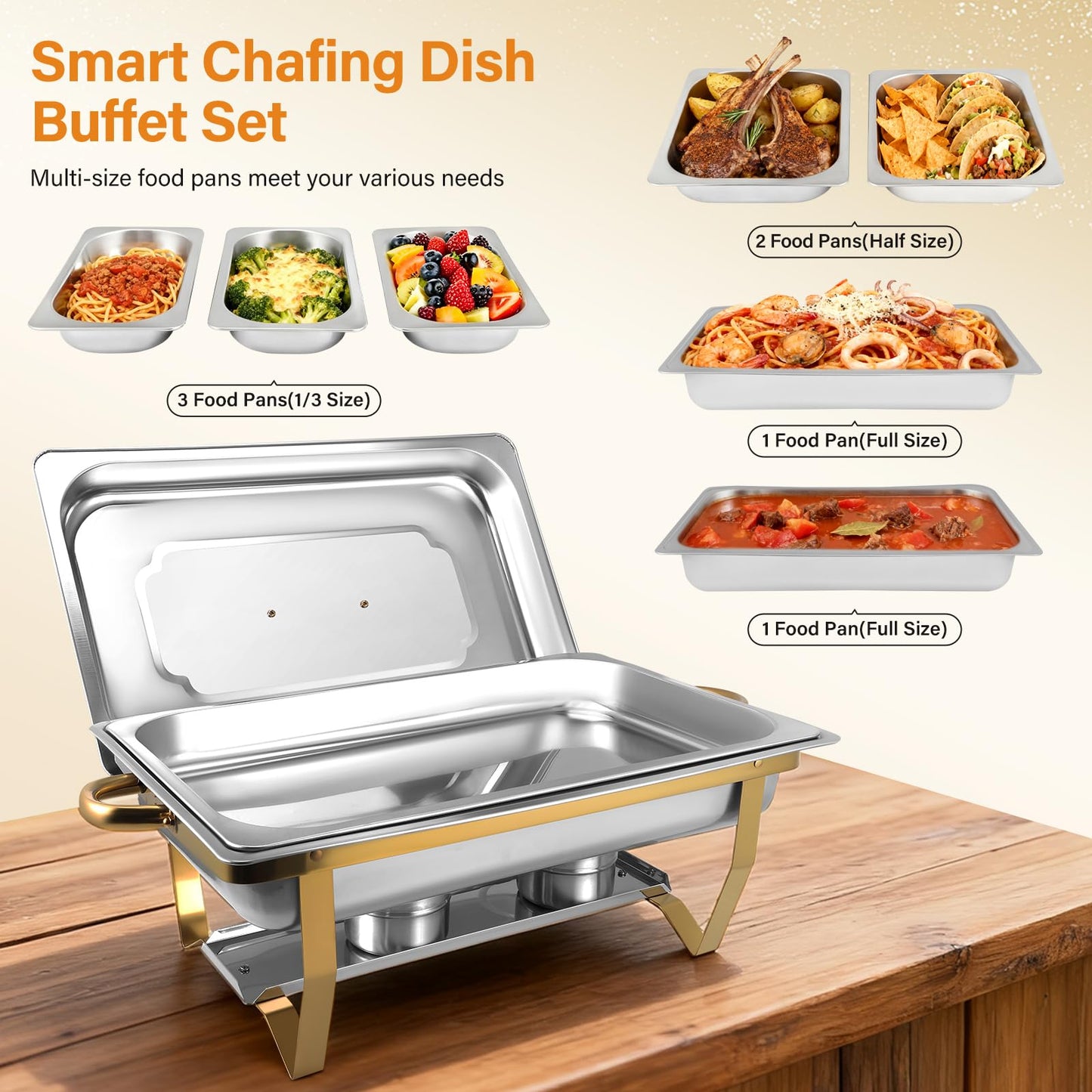 Chafing Dishes for Buffet 4 Pack, 8Qt [Multi-Size Food Pans] High Grade Chafing Dish Buffet Set Rolled-Edge Stacking Design [Easy Storage] Buffet Servers Food Warmers for Parties, Events & Weddings