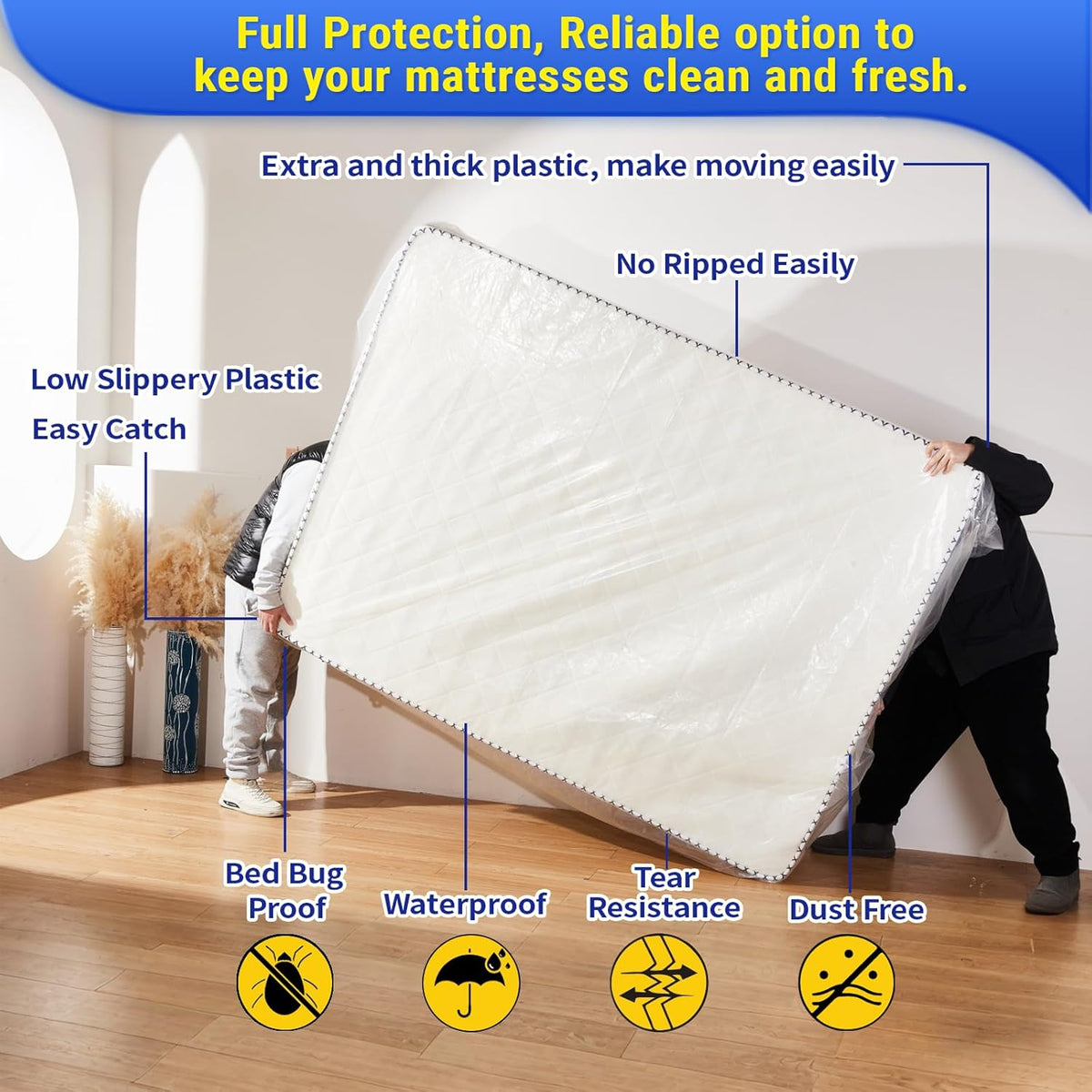 Queen Size Mattress Bag - Heavy-Duty Plastic Protector Cover for Moving | 1PK